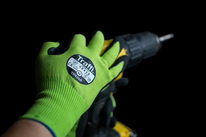 This Eco-friendly Traffi® TG6240 MicroDex LXT® Nitrile Coated Green 15-gauge Cut Level A5 Safety Gloves are Carbon Neutral Certified, repels water and oil with touchscreen compatibility.