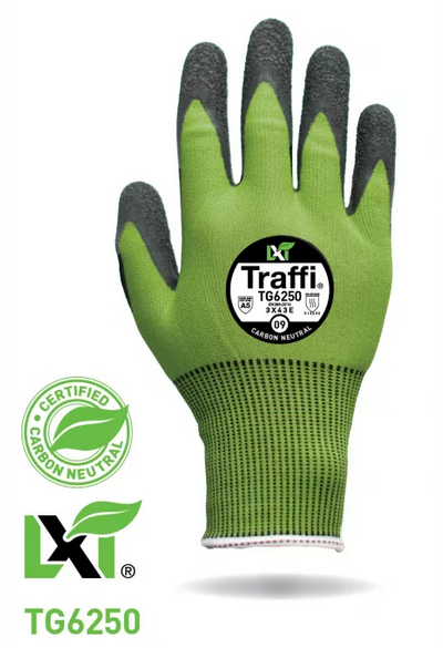 This Eco-friendly Traffi® TG6250 X-Dura LXT® latex  coated Green 15-gauge cut level A5 work gloves are Carbon Neutral certified, repels water and oil with touchscreen compatibility.