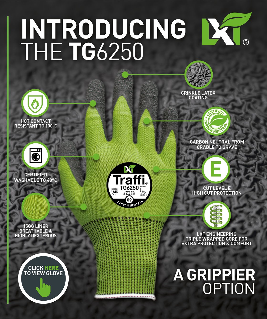 This Eco-friendly Traffi® TG6250 X-Dura LXT® latex  coated Green 15-gauge cut level A5 work gloves are Carbon Neutral certified, repels water and oil with touchscreen compatibility.