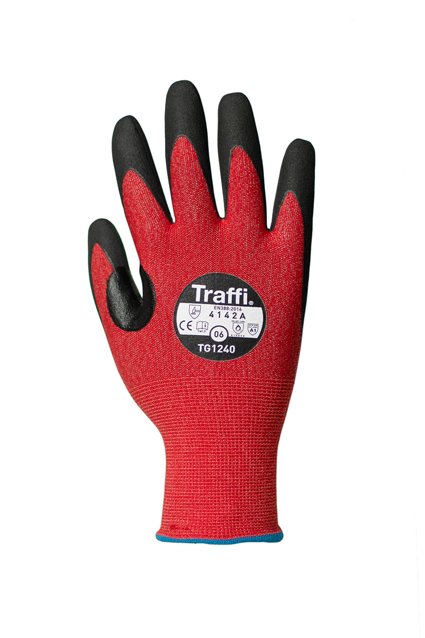 Traffi®TG1240 MicroDex LXT® Nitrile Coated Cut Level A1 Red 15-gauge Safety Gloves are Carbon Neutral Certified, repels water and oil while providing hot contact resistance up to 212°F/100°C.