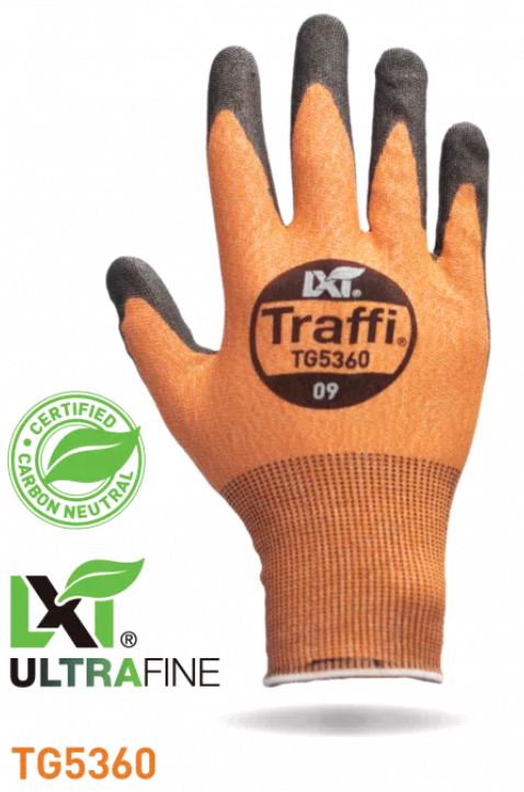 This Eco-friendly Traffi®TG5360 X-Dura LXT® Ultrafine Polyurethane Coated Orange 18-gauge Cut Level A3 Safety Gloves are Carbon Neutral Certified, repels water and oil while providing touchscreen compatibility. 