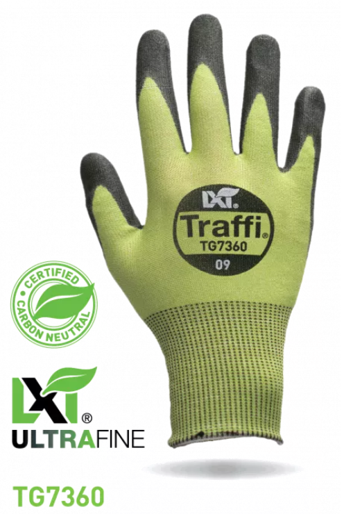 This Eco-friendly Traffi®TG7360 X-Dura LXT® Ultrafine Polyurethane Coated Green 18-gauge Cut Level A6 Safety Gloves are Carbon Neutral Certified, repels water and oil while providing touchscreen compatibility.
