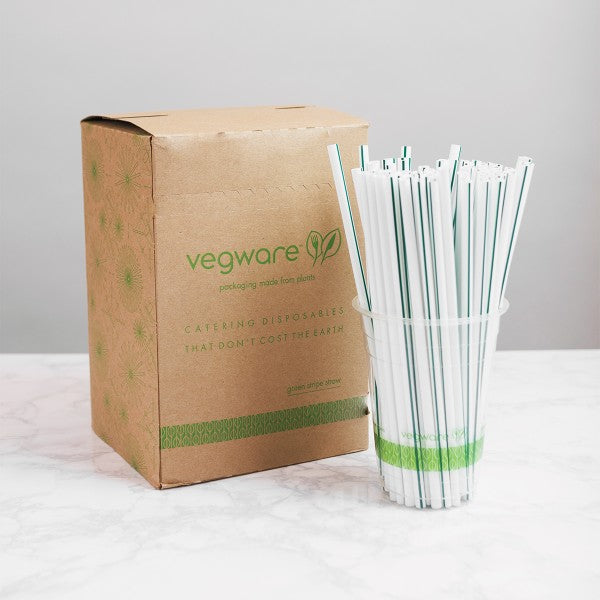 Vegware™ plant-based PLA jumbo green striped ecovio jumbo straws are certified compostable and designed to last for hours in cold drinks.