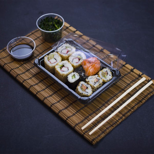 Vegware™ compostable black sushi tray and clear lid combo are made from plant based PLA - an eco-friendly plastic alternative that's independently certified to break down in 12 weeks.