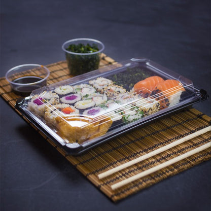 Vegware™ compostable black sushi tray and clear lid combo are made from plant based PLA - an eco-friendly plastic alternative that's independently certified to break down in 12 weeks.