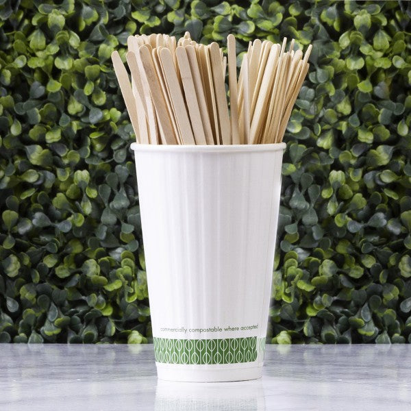 Vegware™ 7.5-in wooden stirrers are strong, sturdy and perform well in hot drinks. A great alternative to plastic, they provide a great first impression and are well accepted by customers.