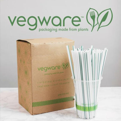 These Vegware™ plant-based PLA 8.25-in bioplastic 10mm jumbissimo green stripe drinking straws are certified compostable and designed to last for hours in cold drinks.