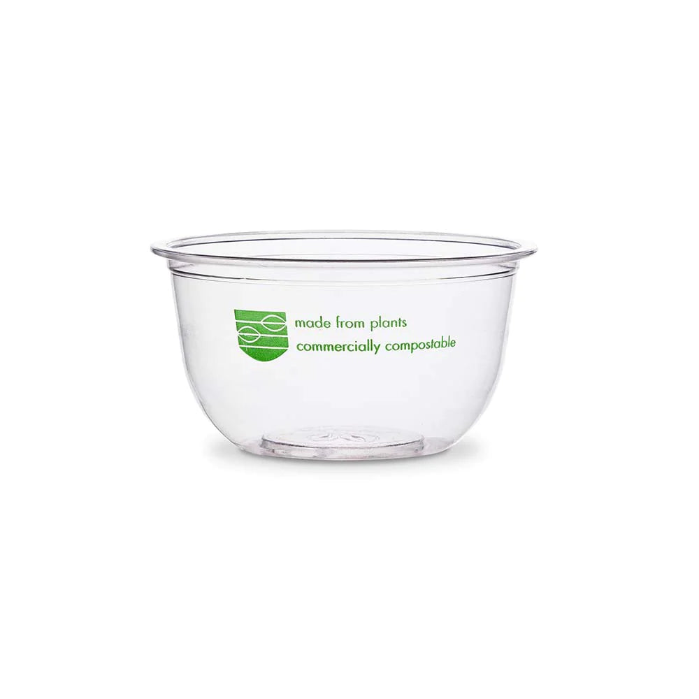 Commercially compostable 8-oz clear Bella Pots are made from plant-based PLA and are independently certified to break down in 12 weeks. Use for small portions of any foods or liquids.