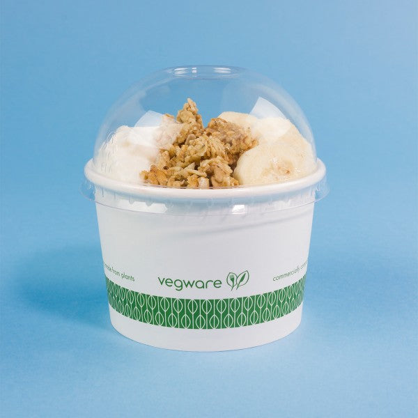 Ideal for ice cream sundaes, pastas, yogurt, stews, soups and as denture soaks. Vegware™ 90-Series compostable 8-oz Food Containers are lined with plant-based PLA and independently certified to break down in 12 weeks.