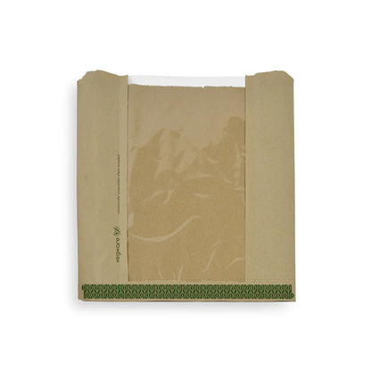 Vegware™ 8.5-inch x 8.5-inch Kraft NatureFlex window bags are independently certified to compost within 12 weeks and perfect for hot food cabinets.