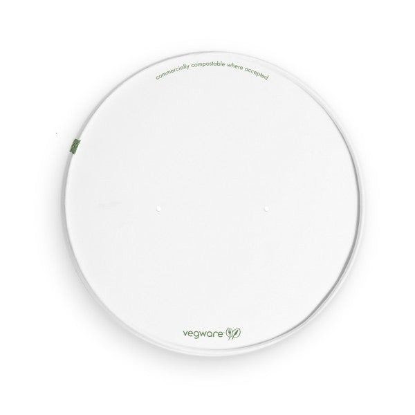 Paper lid with vents for Vegware 185-Series containers. Designed for the wide Bon Appetit bowls, this vented paper lid lets hot curries and burrito bowls travel without trapping condensation.