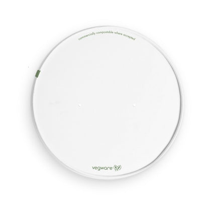 Paper lid with vents for Vegware 185-Series containers. Designed for the wide Bon Appetit bowls, this vented paper lid lets hot curries and burrito bowls travel without trapping condensation.