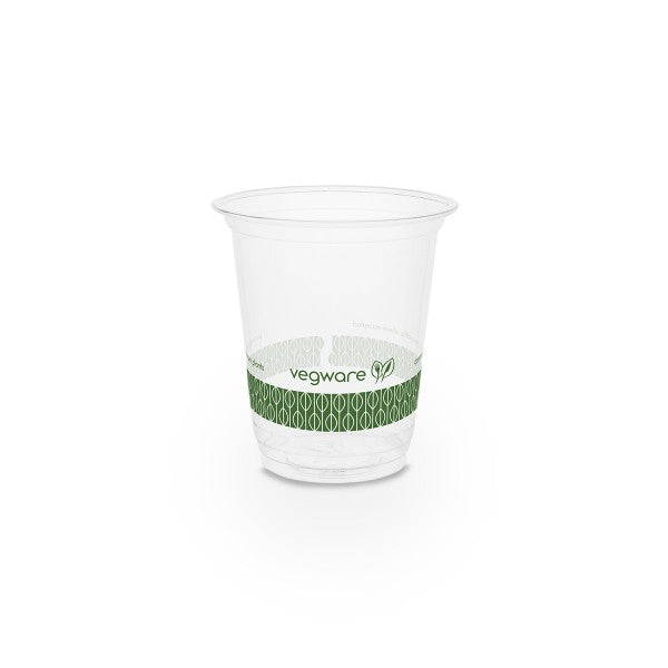 7oz clear PLA cold cup with Vegware green band design. Small but versatile, this crystal-clear 7oz cup is just right for kids' drinks, juice shots, parfaits and sampling at tastings.