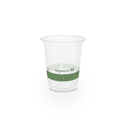 7oz clear PLA cold cup with Vegware green band design. Small but versatile, this crystal-clear 7oz cup is just right for kids' drinks, juice shots, parfaits and sampling at tastings.