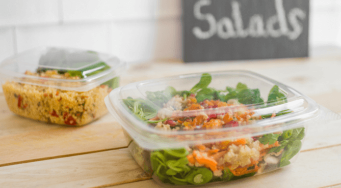 Vegware™ 32-oz clear hinged plant-based PLA deli containers can be given a new life as compost,