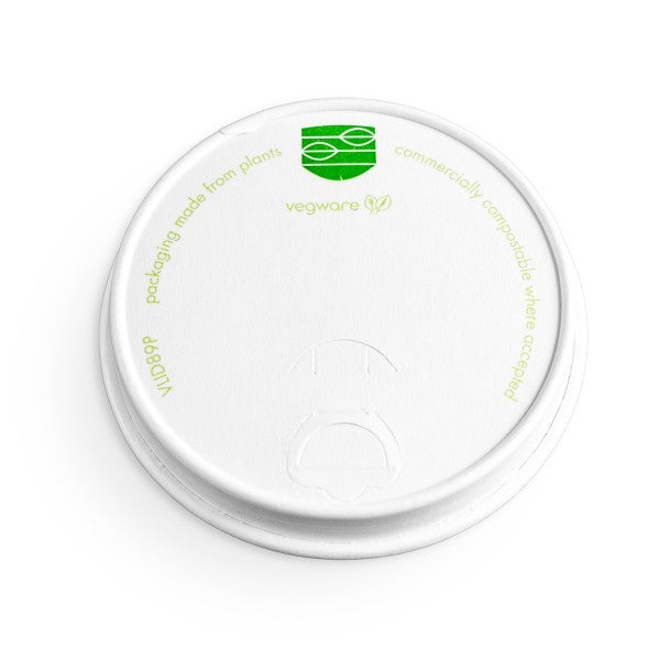 Paper hot cup lid. A paper sip lid sized for the busiest cups on your menu: it fits every Vegware 89-Series hot cup from 10 to 20oz, so one lid covers your regular, large and extra-large coffees.