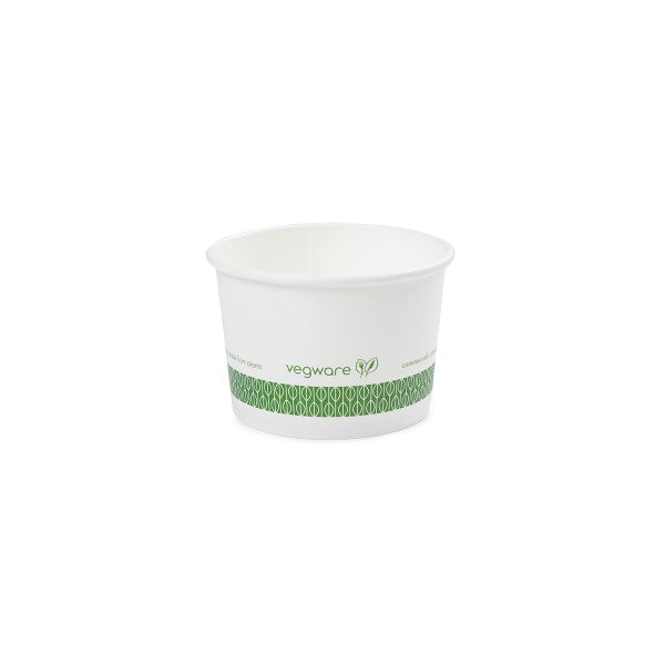 Ideal for ice cream sundaes, pastas, yogurt, stews, soups and as denture soaks. Vegware™ 90-Series compostable 8-oz Food Containers are lined with plant-based PLA and independently certified to break down in 12 weeks.
