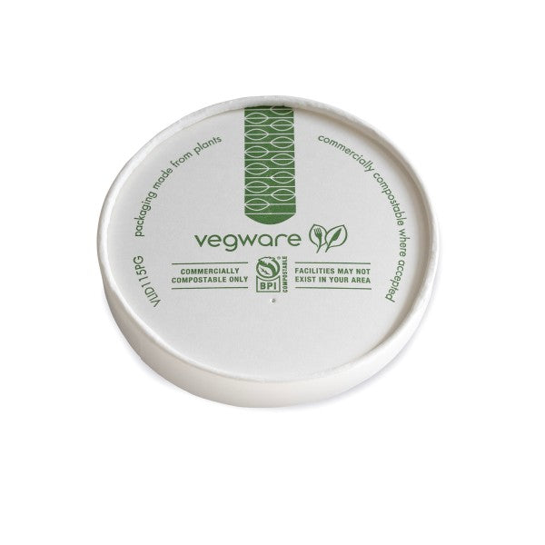Paper hot lid with vents for 115-Series containers. Chili, chowder or a pint of ice cream: this vented paper lid seals Vegware 12-32oz soup containers and releases steam so food arrives hot, not soggy.