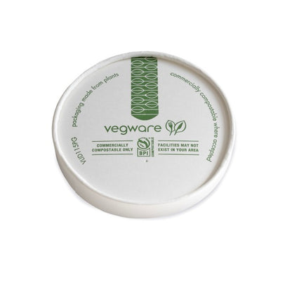 Paper hot lid with vents for 115-Series containers. Chili, chowder or a pint of ice cream: this vented paper lid seals Vegware 12-32oz soup containers and releases steam so food arrives hot, not soggy.