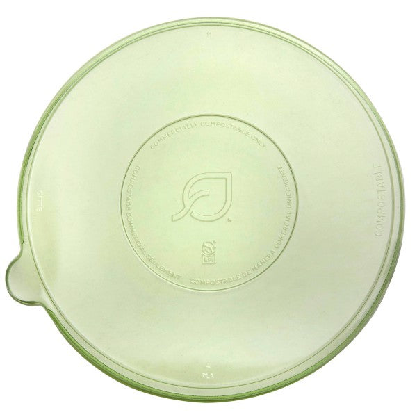 Compostable CPLA flat lid for 24-46oz molded fiber coupe bowls, part of the Veridian range. The same fit as our clear coupe lid, with a green tint that signals compostable to customers and haulers.