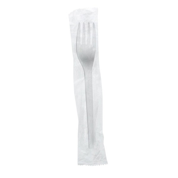 Sturdy 6.5in white CPLA fork in a clear compostable wrap. Each sturdy fork comes sealed in its own clear compostable wrap, giving catering, hospitals and delivery menus a hygienic, plastic-free utensil.