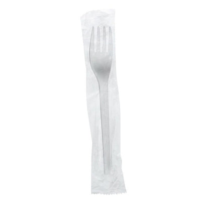 Sturdy 6.5in white CPLA fork in a clear compostable wrap. Each sturdy fork comes sealed in its own clear compostable wrap, giving catering, hospitals and delivery menus a hygienic, plastic-free utensil.