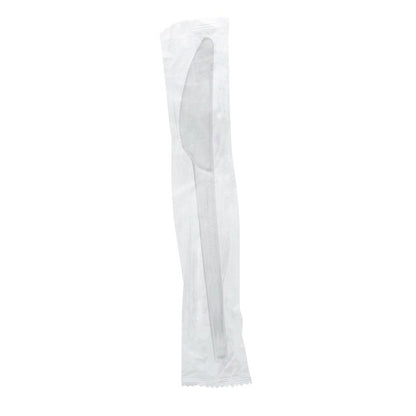 Sturdy 6.5in white CPLA knife in a clear compostable wrap. A sturdy CPLA knife sealed in a clear compostable wrap, ready for sandwich shops, cafeterias and meal-prep deliveries.