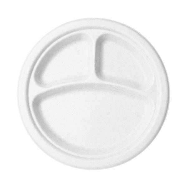 10in three-compartment molded fiber plate from the Nourish range. Keep the BBQ sauce off the coleslaw: three sections and a rigid rim make this the go-to plate for buffets, picnics and plate lunches.