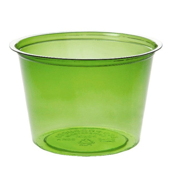 4oz plant-based PLA portion pot from the Veridian range for salad bars, cold salads, deli treats or fruit. A 4oz green-tinted pot for sides, fruit cups and snack portions on salad bars and in meal kits.