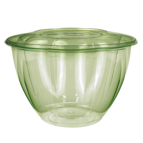 48oz PLA petal salad bowl with lid, part of the Veridian range. A generous 48oz sharing bowl for family salads, fruit platters and catering, lid included.