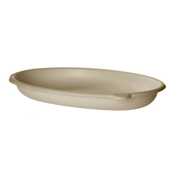24oz molded fiber oval bowl. An oval shape that lays out grain bowls, pasta and protein-and-two-sides plates beautifully.