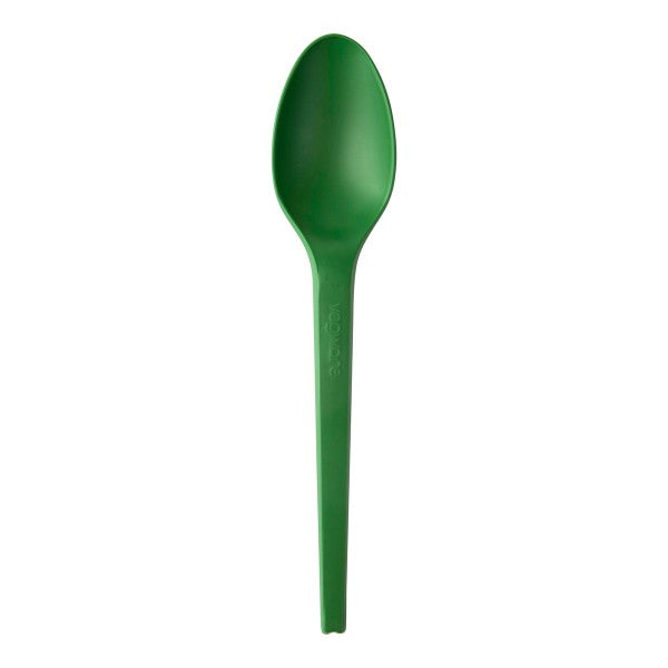 Sturdy 6.5in CPLA spoon from the Veridian range, ideal for hot soups or cold desserts. Scoop chili, cereal or sorbet with a green-tinted spoon that tells everyone it is compostable.