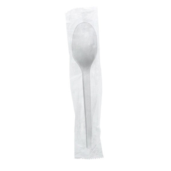 6.5in white CPLA spoon in a clear compostable wrap, for hot soups or cold desserts. Wrapped one by one for hygiene, this deep CPLA spoon handles hot soup and frozen desserts alike.