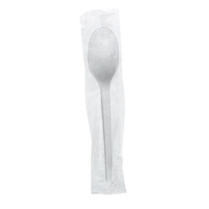 6.5in white CPLA spoon in a clear compostable wrap, for hot soups or cold desserts. Wrapped one by one for hygiene, this deep CPLA spoon handles hot soup and frozen desserts alike.