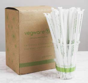 Vegware™ plant-based PLA wrapped green strip 8.25-inch 7 mm bio plastic jumbo green stripe straws are certified compostable and designed to last for hours in cold drinks.