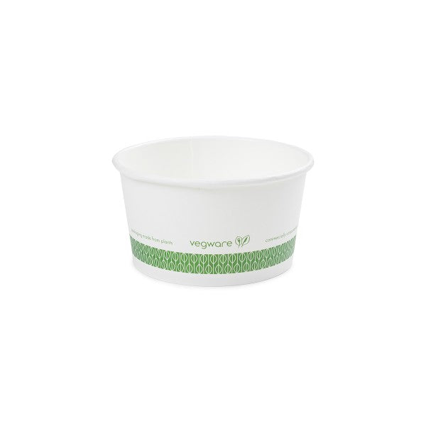 Ideal for ice cream sundaes, pastas, yogurt, stews, soups and more, Vegware™ 115-Series compostable 12-oz Paper Soup Containers are lined with plant-based PLA and independently certified to break down in 12 weeks.