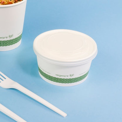 Ideal for ice cream sundaes, pastas, yogurt, stews, soups and more, Vegware™ 115-Series compostable 12-oz Paper Soup Containers are lined with plant-based PLA and independently certified to break down in 12 weeks.