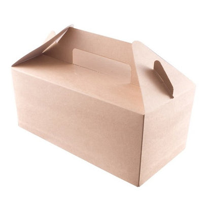 Vegware™ compostable kraft carry boxes with handles are made from sustainably-sourced board and are perfect for picnics, meals to go or for consumer merchandise.