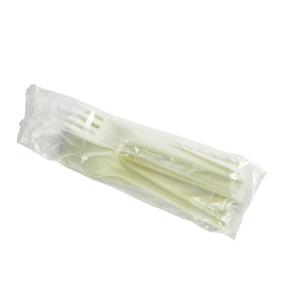 Ideal for hot and cold foods, Vegware™ certified compostable cutlery kits and contain a 6.5-in knife, fork, spoon and napkin individually wrapped in a compostable bio film.