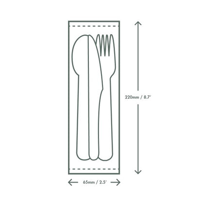 Ideal for hot and cold foods, Vegware™ certified compostable cutlery kits and contain a 6.5-in knife, fork, spoon and napkin individually wrapped in a compostable bio film.