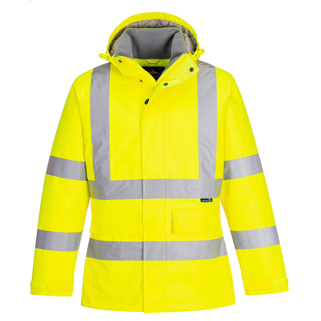 Portwest® Planet EC60 ECO Hi-Vis Winter Jackets are made with environmentally friendly recycled polyester and features reflective tape,  detachable lined hood, mic tabs, drawcord, internal pocket and water resistant fabric finish.