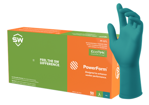 SW® Sustainable Solutions PF-12TL PowerForm® GreenCircle Certified EcoTek® 7.1-mil Powder-Free Biodegradable 12-inch Extended Cuff Heavy Duty Teal Latex-Free Nitrile Exam Gloves provide workers with extra protection and are tested for use with harmful chemotherapy and fentanyl compounds.