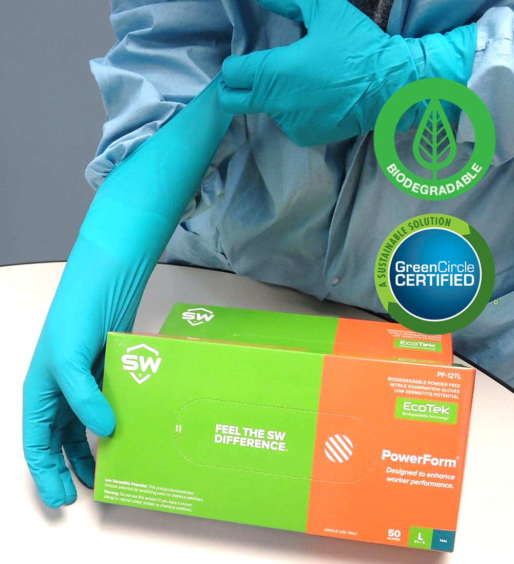 SW® Sustainable Solutions PF-12TL PowerForm® GreenCircle Certified EcoTek® 7.1-mil Powder-Free Biodegradable 12-inch Extended Cuff Heavy Duty Teal Latex-Free Nitrile Exam Gloves provide workers with extra protection and are tested for use with harmful chemotherapy and fentanyl compounds.