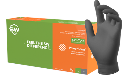 SW® Sustainable Solutions PF-95GY PowerForm® EcoTek® 8.2-mil Powder-Free Latex-Free GreenCircle Certified Biodegradable Gray Latex-Free  Nitrile Exam Gloves feature DriTek® sweat management technology which is an absorbent lining that wicks away moisture to keep the hands dry and cool. EcoTek® biodegradable technology accelerates breakdown in landfills without any loss in performance. Protects against fatal toxins for 4 hours.