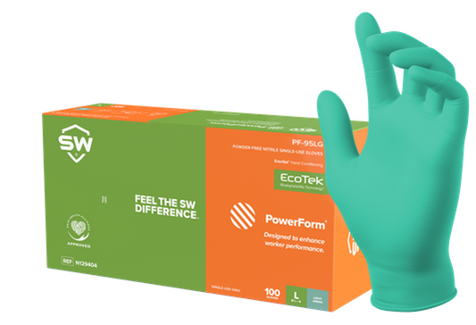  SW® Sustainability Solutions PF-95LG PowerForm® 5.9-mil Green Powder-Free Latex-Free Nitrile Exam Gloves feature GreenCircle Certified EcoTek® biodegradable technology for accelerated breakdown in landfills without any loss in performance plus patented EnerGel® Aloe Vera moisturizing technology for healthier hands.