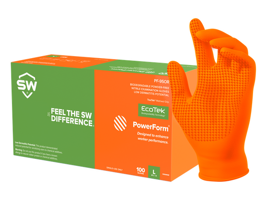 SW®Sustainability Solutions  PF-95OR PowerForm® 5.9-mil Orange Powder-Free Latex-Free Nitrile Exam Gloves feature TracTek® Textured Grip and  EcoTek® biodegradable technology for accelerated breakdown in landfills without any loss in performance.