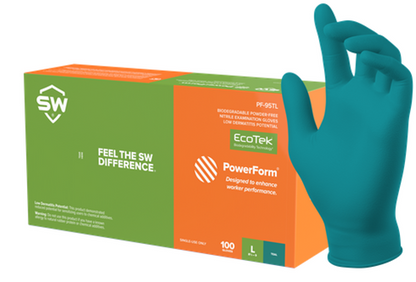  SW®Sustainability Solutions  PF-95TL PowerForm® 5.8-mil Teal Green Powder-Free Latex-Free Nitrile Exam Gloves feature EcoTek® biodegradable technology for accelerated breakdown in landfills without any loss in performance. Tested for use with chemotherapy drugs and fatal toxins.