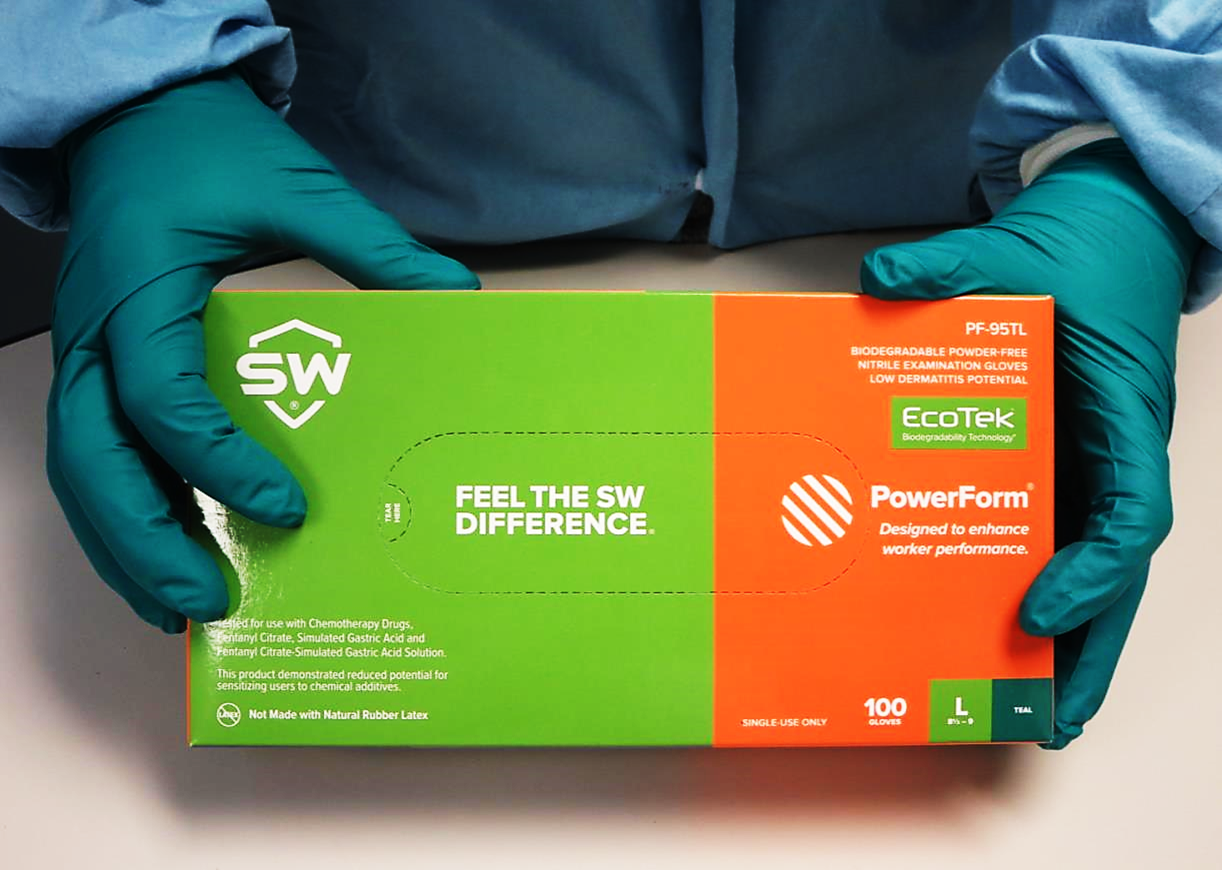  SW®Sustainability Solutions  PF-95TL PowerForm® 5.8-mil Teal Green Powder-Free Latex-Free Nitrile Exam Gloves feature EcoTek® biodegradable technology for accelerated breakdown in landfills without any loss in performance. Tested for use with chemotherapy drugs and fatal toxins.