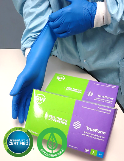 SW® Sustainable Solutions TF-95RB TrueForm® GreenCircle Certified Biodegradable EcoTek® 4.7-mil Powder-Free Latex-Free Nitrile Exam Gloves biodegrade by 92.6% in only two years and 6 months under test method ASTM D5526-12 and protect against fatal toxins for 4 hours.