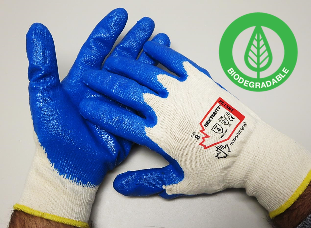 Superior Glove® Dexterity® NT 15-gauge Cotton Knit with Nitrile Palms are 100% biodegredable and provides superior abrasion and puncture resistance.